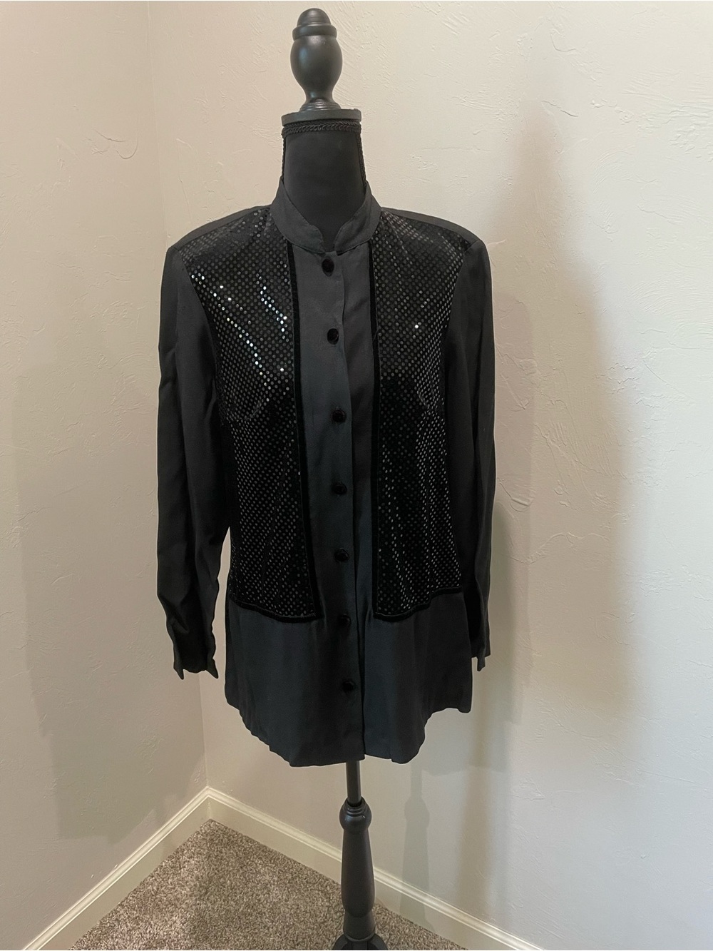 Jessica Lauren Black Sequin-Panel Button Down Shirt - Women's